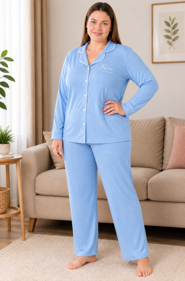 Baby Blue Rose Büyük Beden Pijama Takımı – Uzun Kollu