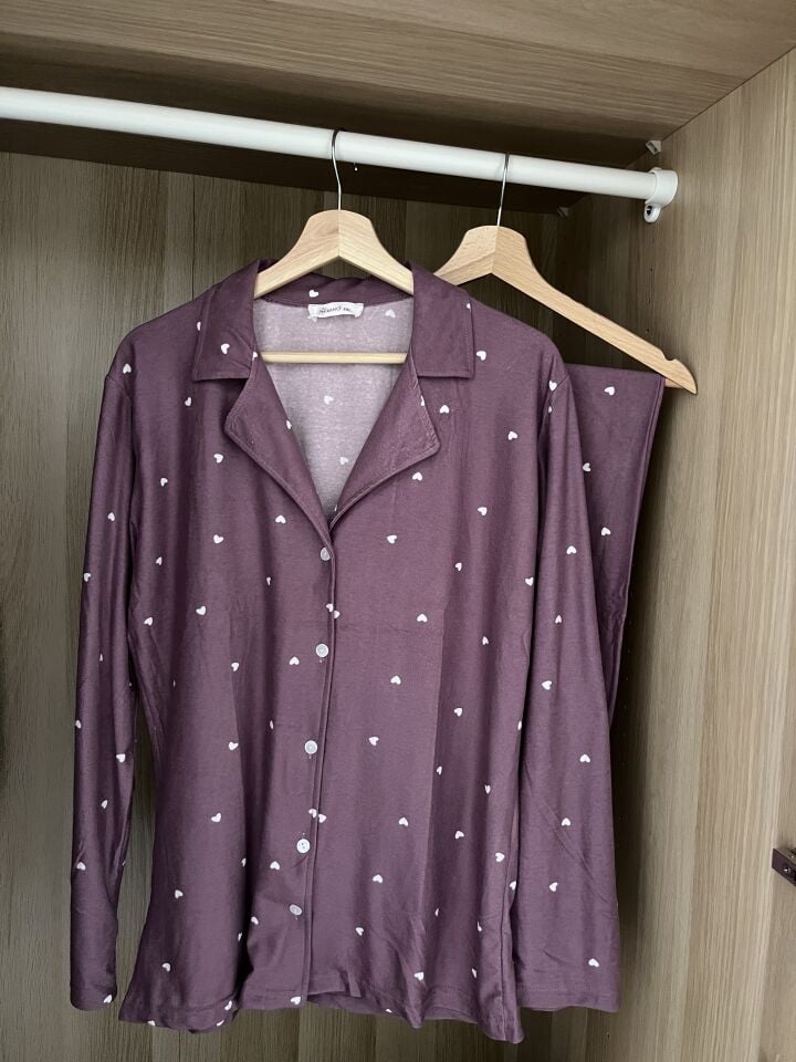 Purple Heart Suet Büyük Beden Pijama Takımı - Uzun Kollu