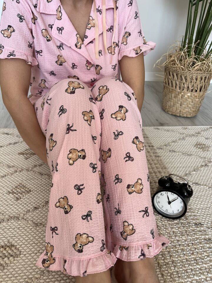 Pembe Ayıcık Bürümcük Kadın Pijama Takımı - Kısa Kollu