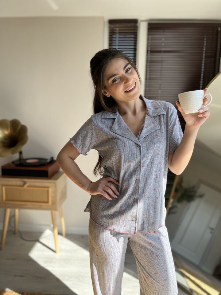 Grey Mono Pointel Kadın Pijama Takımı - Kısa Kollu