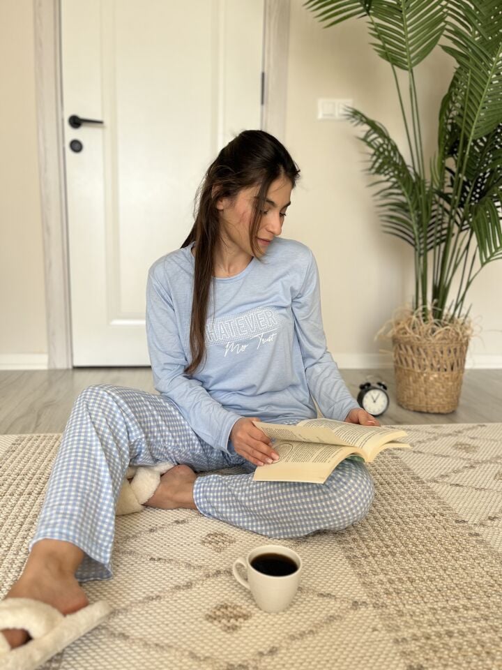 Blue Check Viskon Kadın Pijama Takımı - Uzun Kollu
