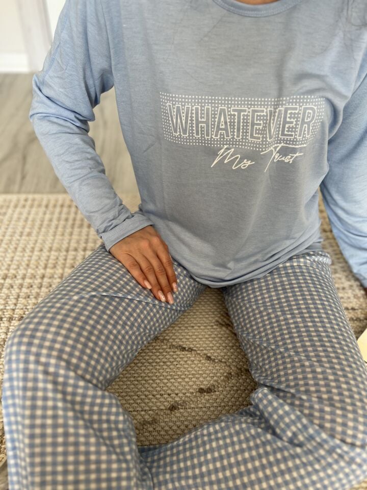 Blue Check Viskon Kadın Pijama Takımı - Uzun Kollu