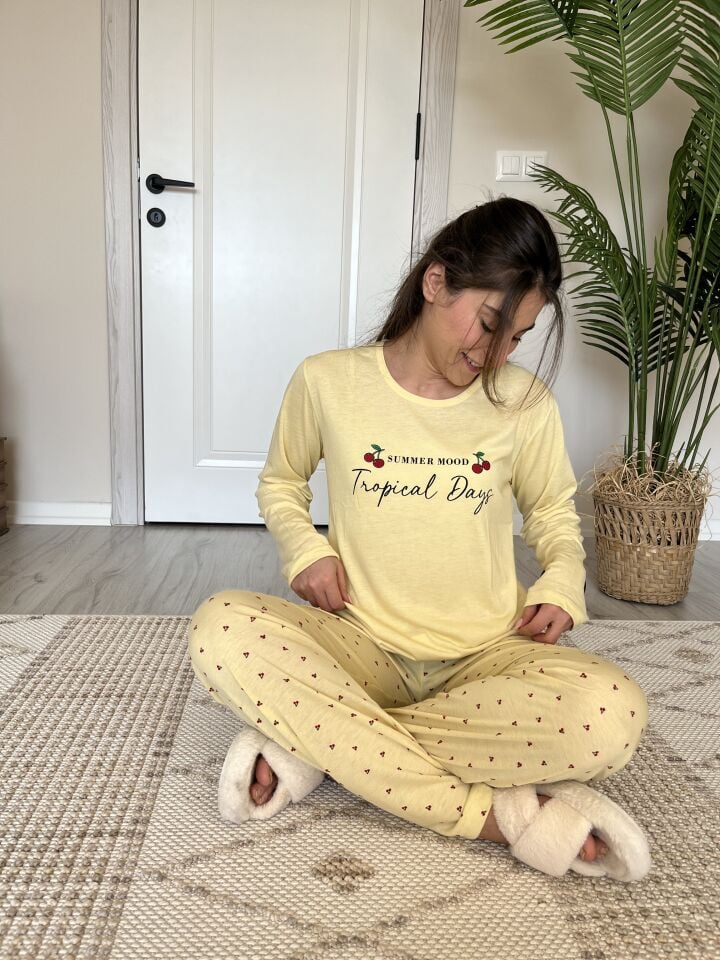 Yellow Cherry Viskon Kadın Pijama Takımı - Uzun Kollu