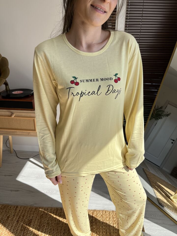 Yellow Cherry Viskon Kadın Pijama Takımı - Uzun Kollu