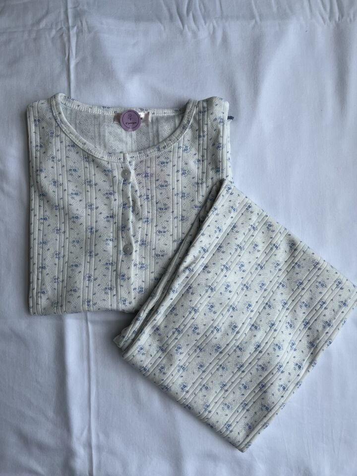 Ditsy White Pointel Kadın Pijama Takımı - Uzun Kollu