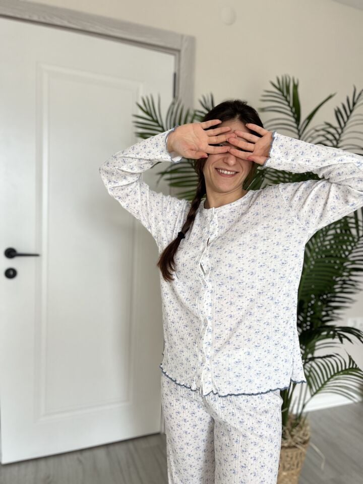 Ditsy White Pointel Kadın Pijama Takımı - Uzun Kollu