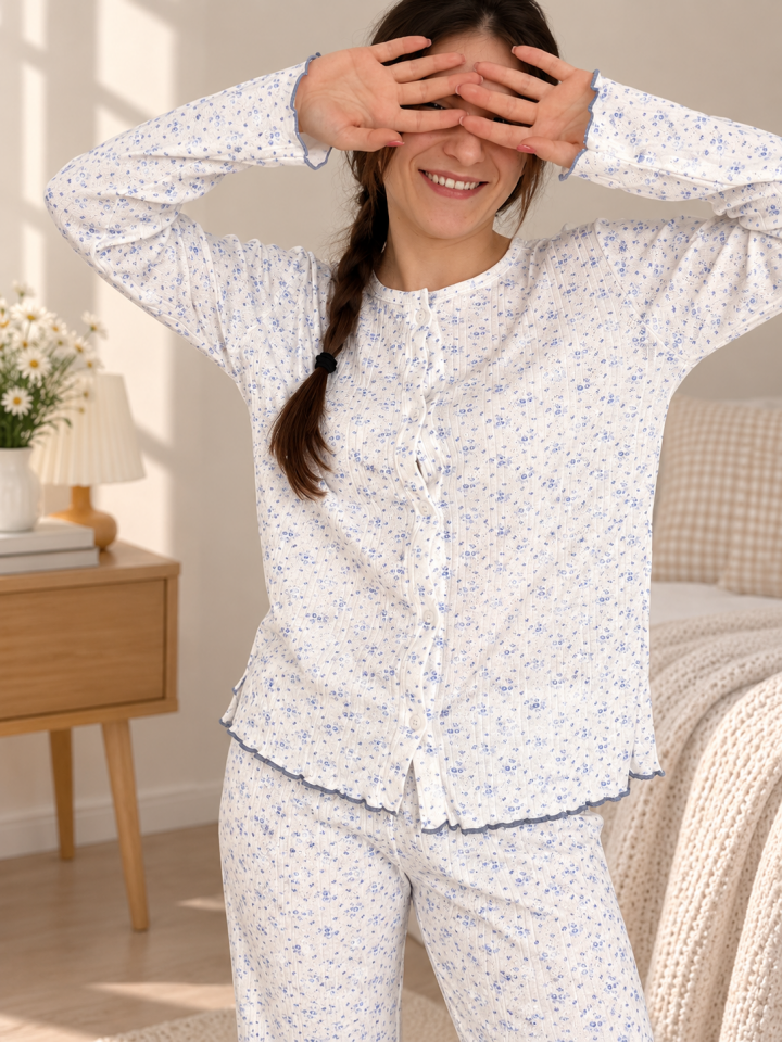 Ditsy White Pointel Kadın Pijama Takımı - Uzun Kollu
