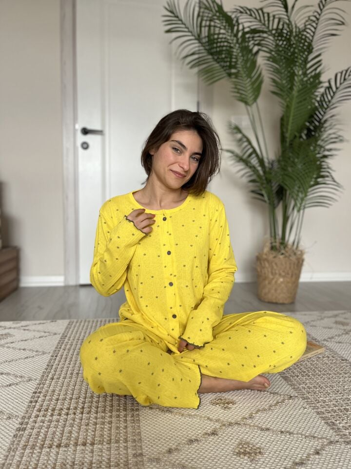 Yellow Stars Pointel Kadın Pijama Takımı - Uzun Kollu