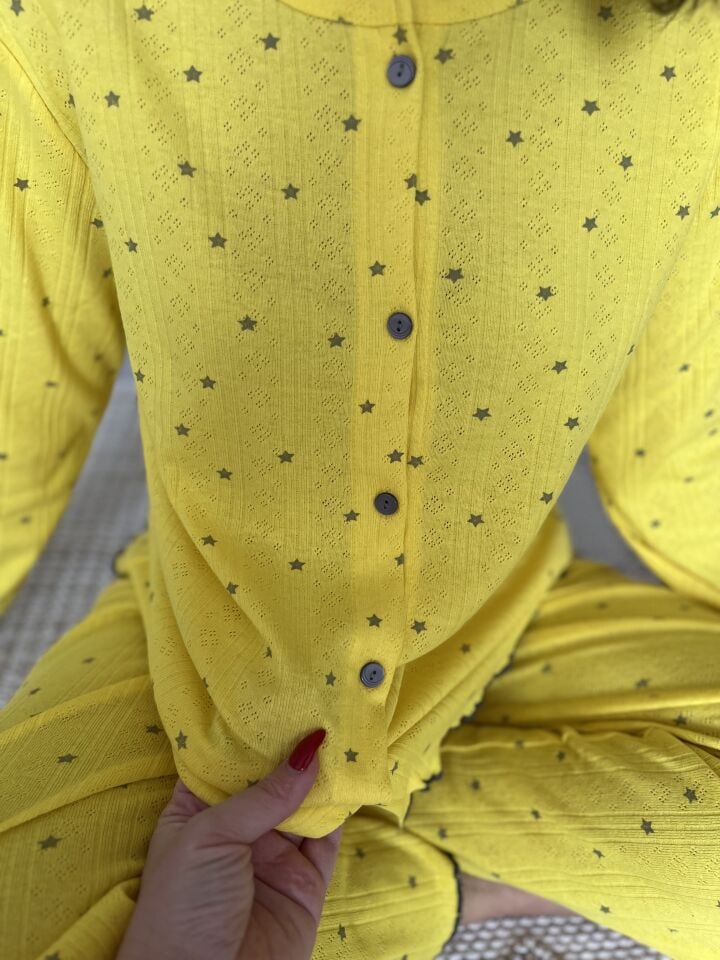 Yellow Stars Pointel Kadın Pijama Takımı - Uzun Kollu