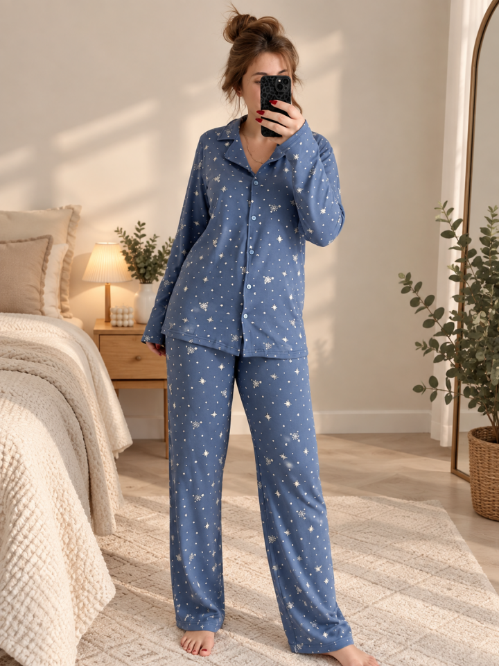 Soft Milan Kar Tanesi Kadın Pijama Takımı - Uzun Kollu