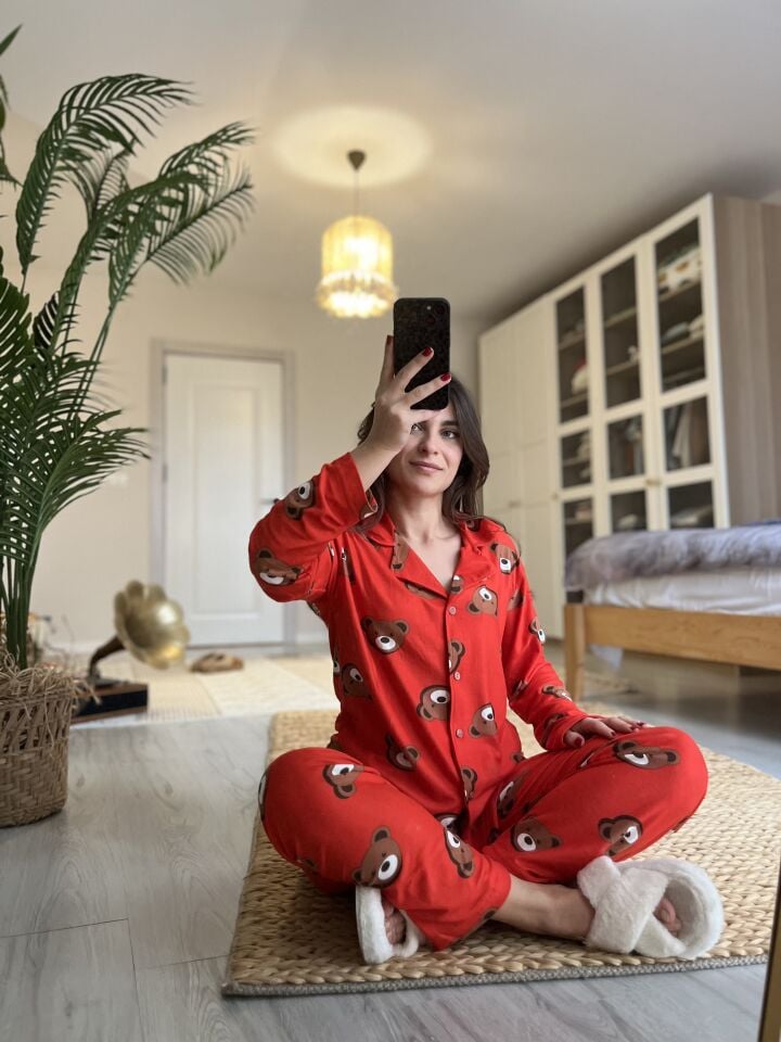 Cozy Red Teddy Kadın Pijama Takımı - Uzun Kollu