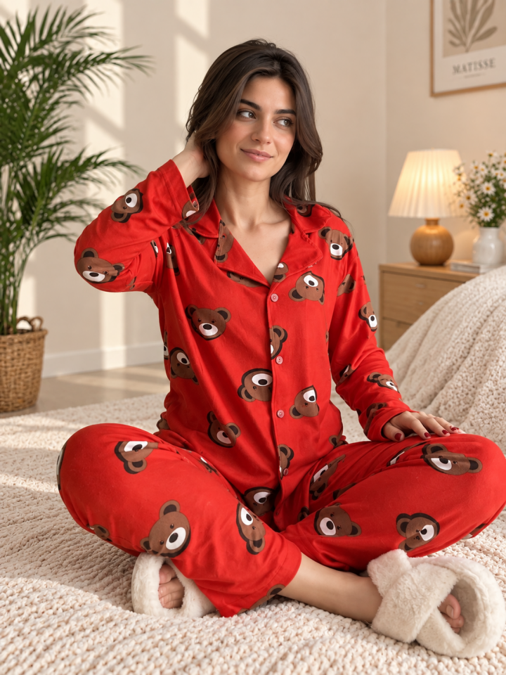 Cozy Red Teddy Kadın Pijama Takımı - Uzun Kollu