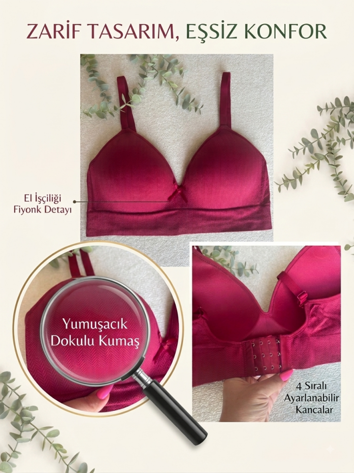 Bordo Valeria Bambu Dokulu Büyük Beden Balensiz Sütyen