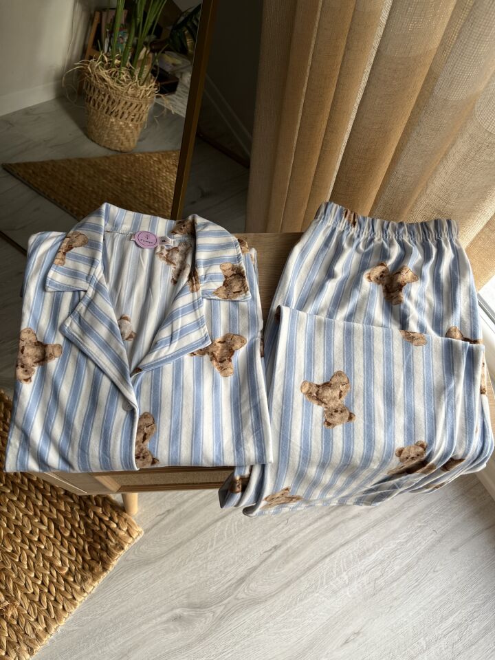 Cozy Stripe Teddy Kadın Pijama Takımı - Uzun Kollu