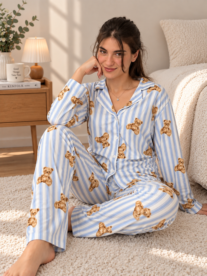 Cozy Stripe Teddy Kadın Pijama Takımı - Uzun Kollu