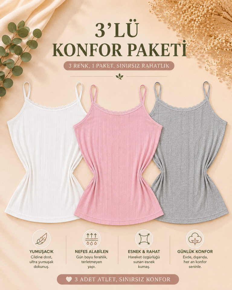 3'lü Konfor Paketi Luna Mix İp Askılı Pamuk Büyük Beden Atlet