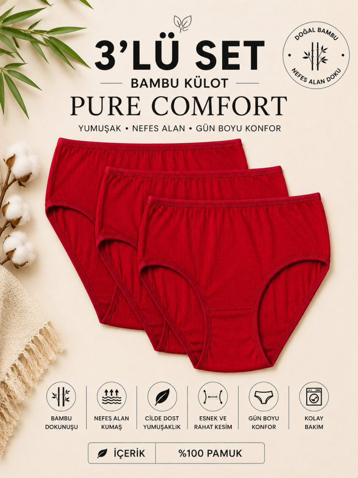 3’lü Paket Pure Comfort Yüksek Bel Pamuk Büyük Beden Külot – Kırmızı