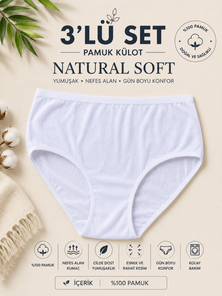 3’lü Paket Natural Soft Yüksek Bel Pamuk Büyük Beden Külot