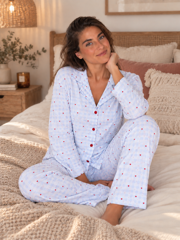 Blue Cozy Heart Milan Soft Pijama Takımı – Uzun Kollu