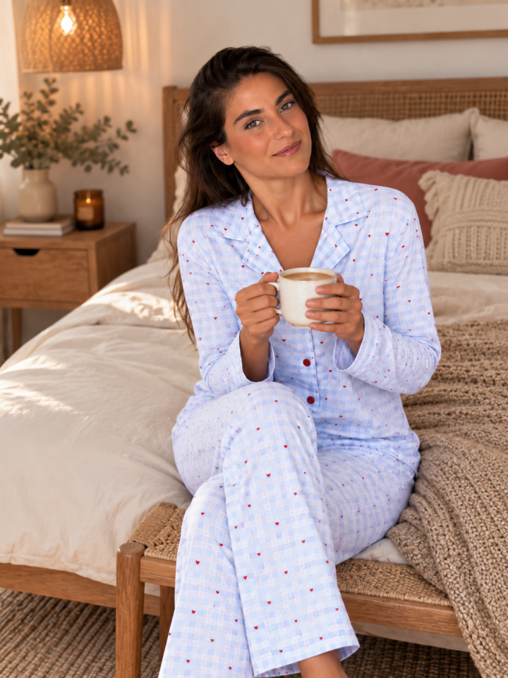 Blue Cozy Heart Milan Soft Pijama Takımı – Uzun Kollu