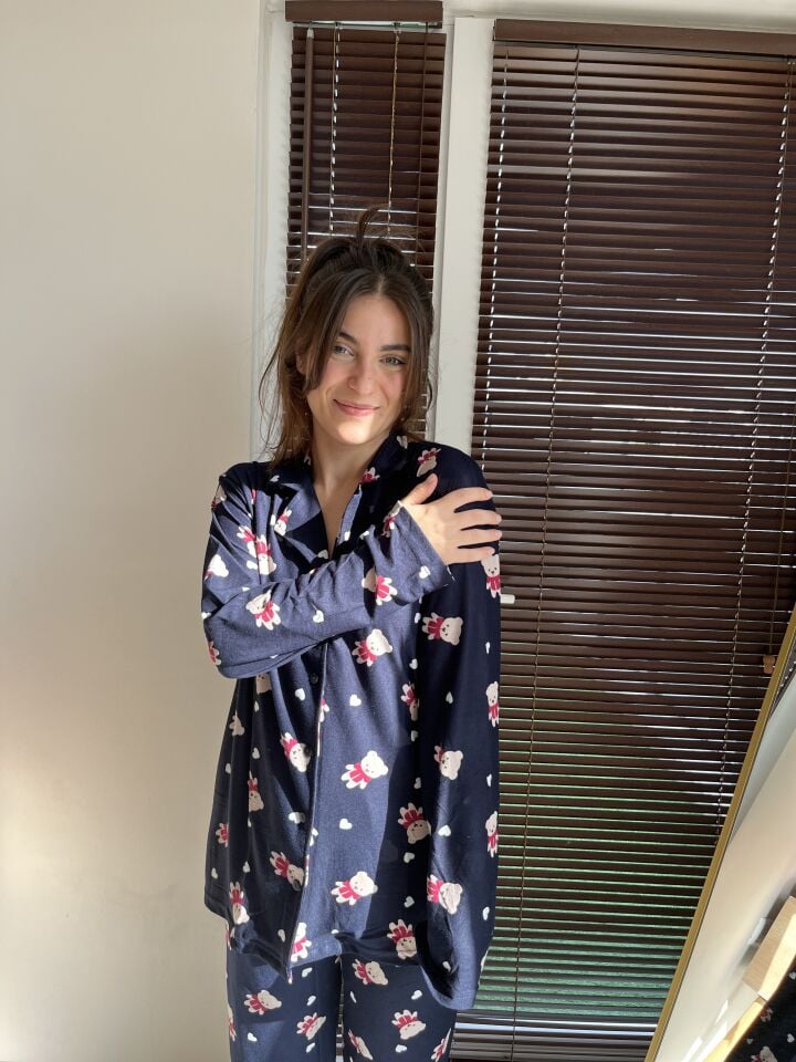 Teddy Lacivert Ayıcık Kadın Pijama Takımı - Uzun Kollu