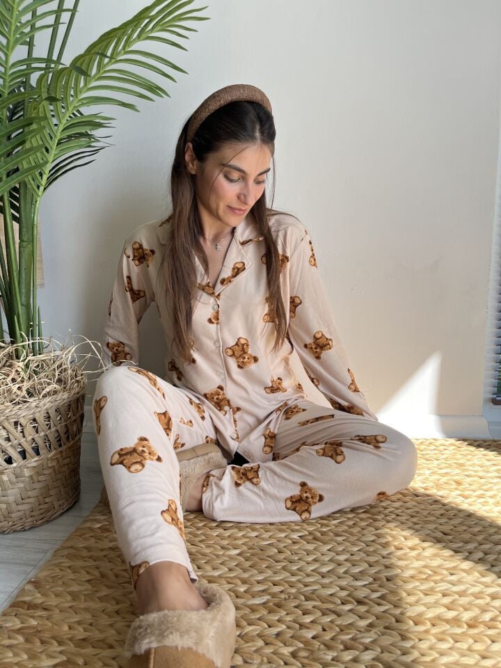 Teddy Bej Renk Ayıcık Kadın Pijama Takımı - Uzun Kollu