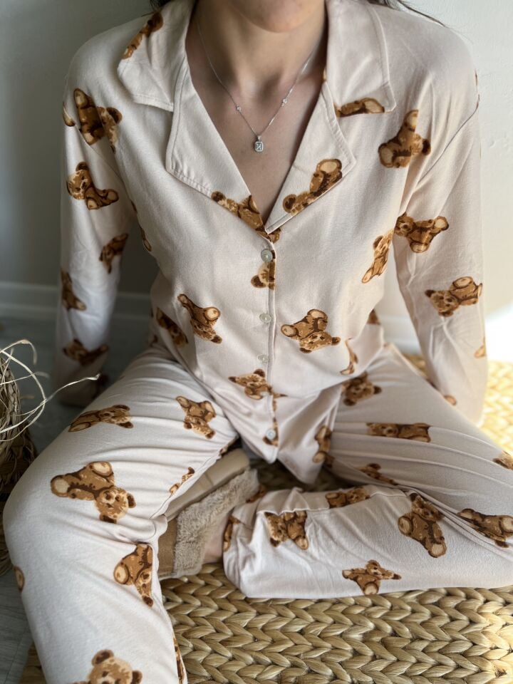 Teddy Bej Renk Ayıcık Kadın Pijama Takımı - Uzun Kollu