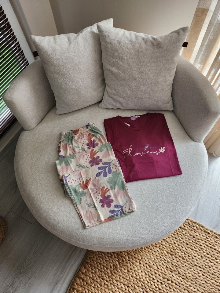 Floral Dream Penye Büyük Beden Pijama Takımı - Kısa Kollu