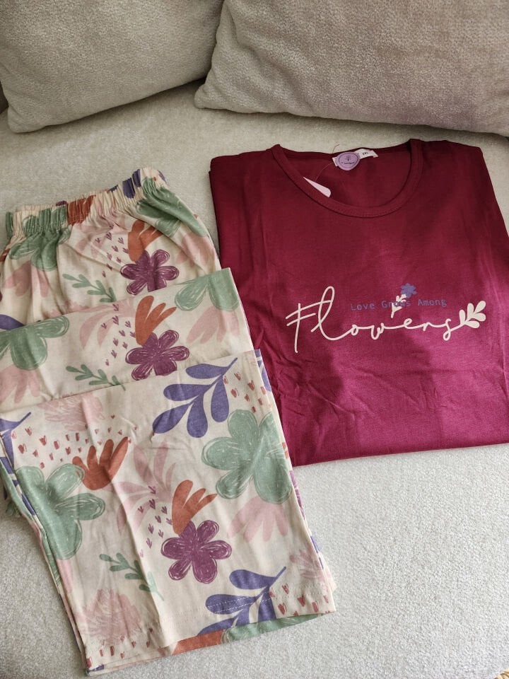 Floral Dream Penye Büyük Beden Pijama Takımı - Kısa Kollu