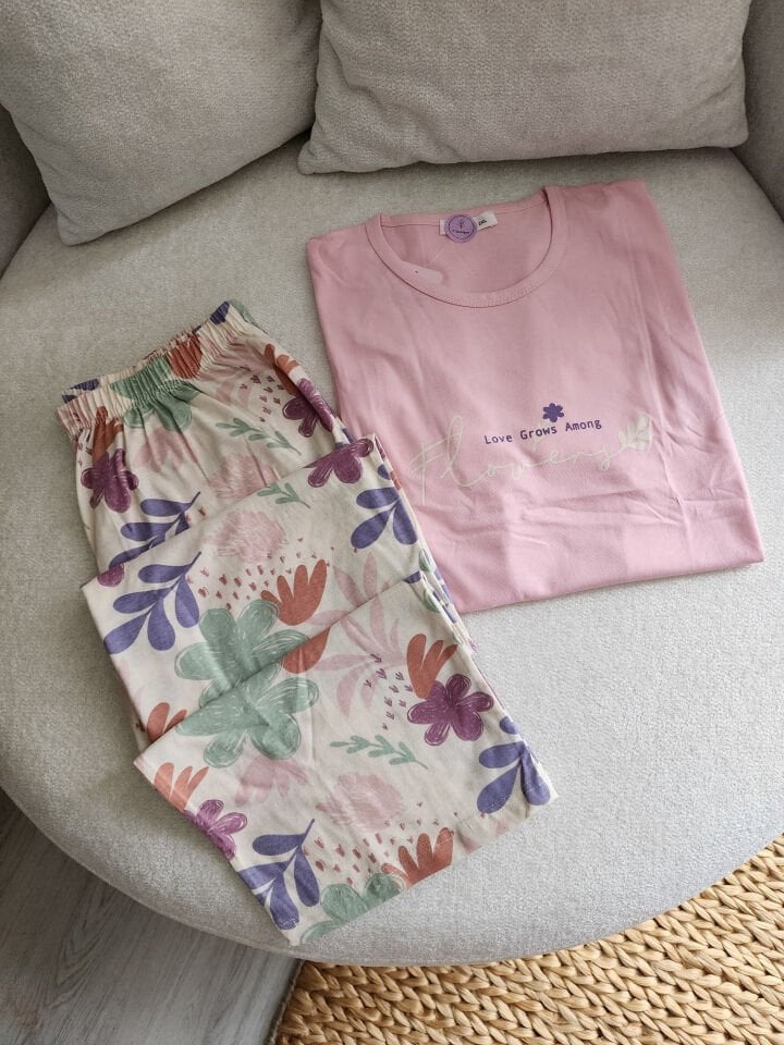 Pastel Garden Penye Büyük Beden Pijama Takımı - Kısa Kollu