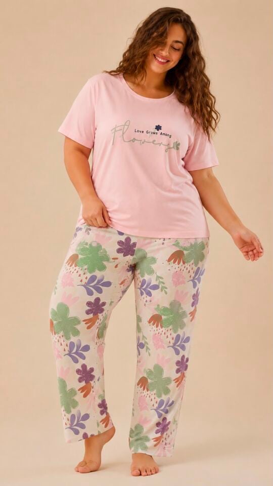 Pastel Garden Penye Büyük Beden Pijama Takımı - Kısa Kollu