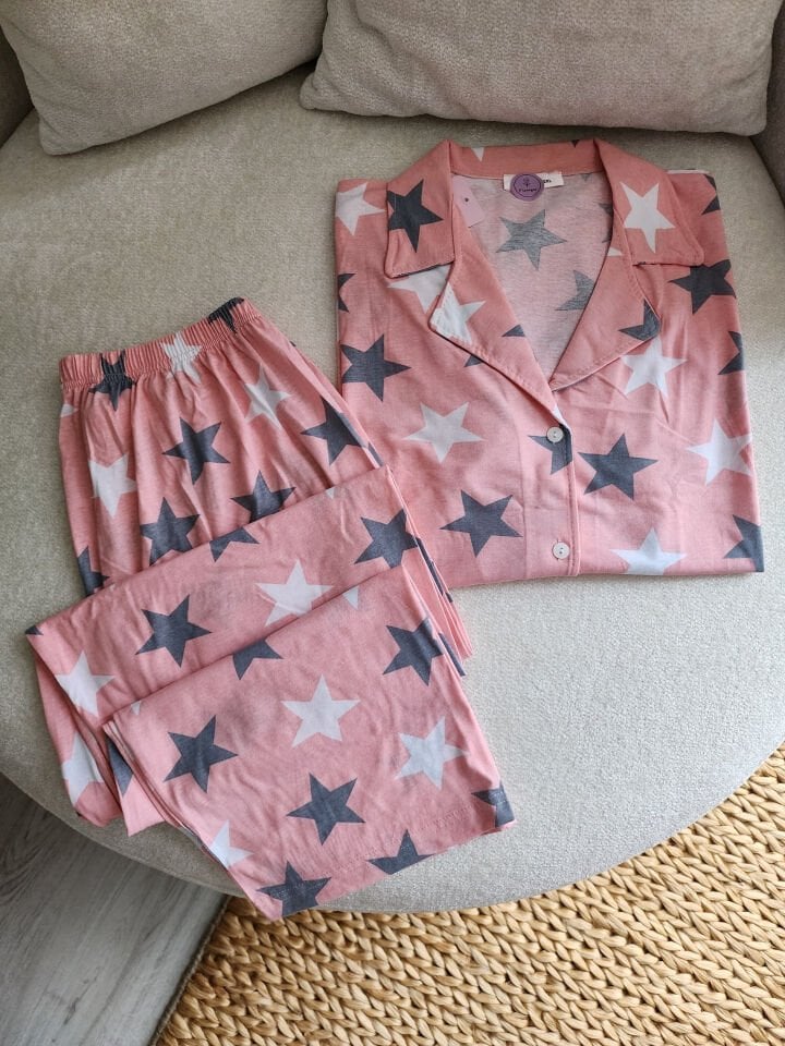 Pink Stars Suprem Büyük Beden Pijama Takımı - Kısa Kollu
