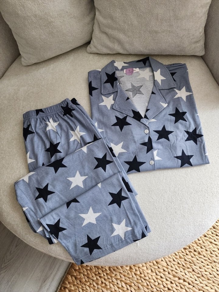 Night Stars Suprem Büyük Beden Pijama Takımı - Kısa Kollu
