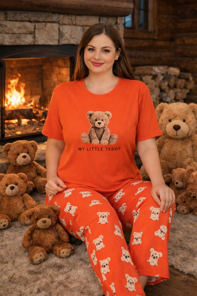 Orange Bear Penye Büyük Beden Pijama Takımı - Kısa Kollu