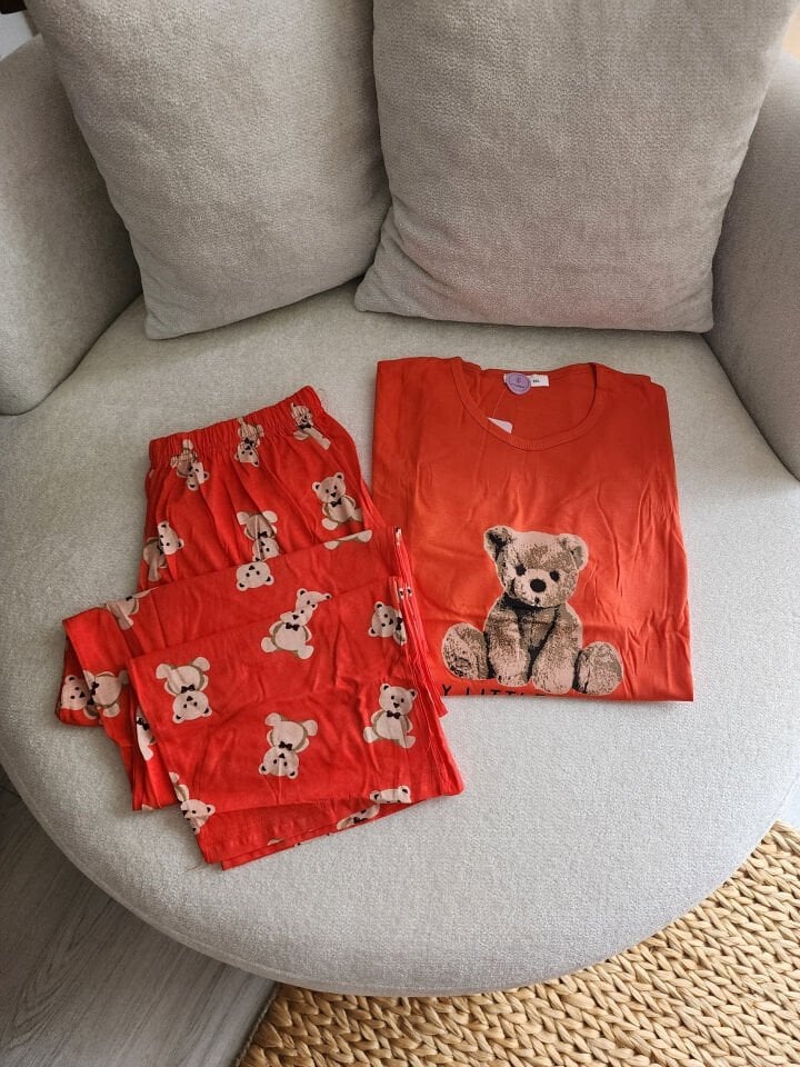 Orange Bear Penye Büyük Beden Pijama Takımı - Kısa Kollu
