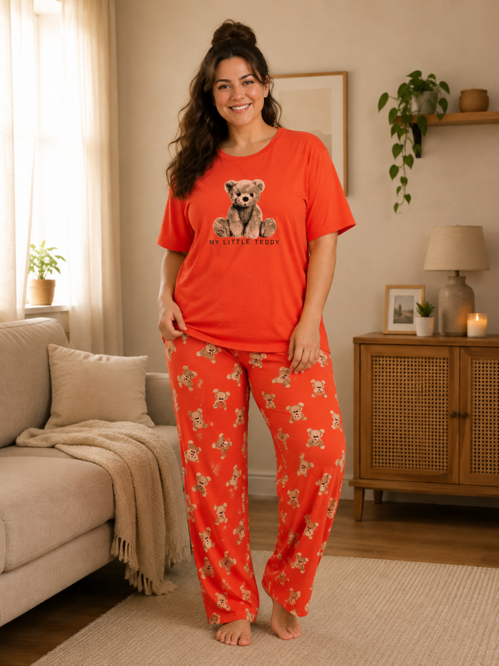 Orange Bear Penye Büyük Beden Pijama Takımı - Kısa Kollu