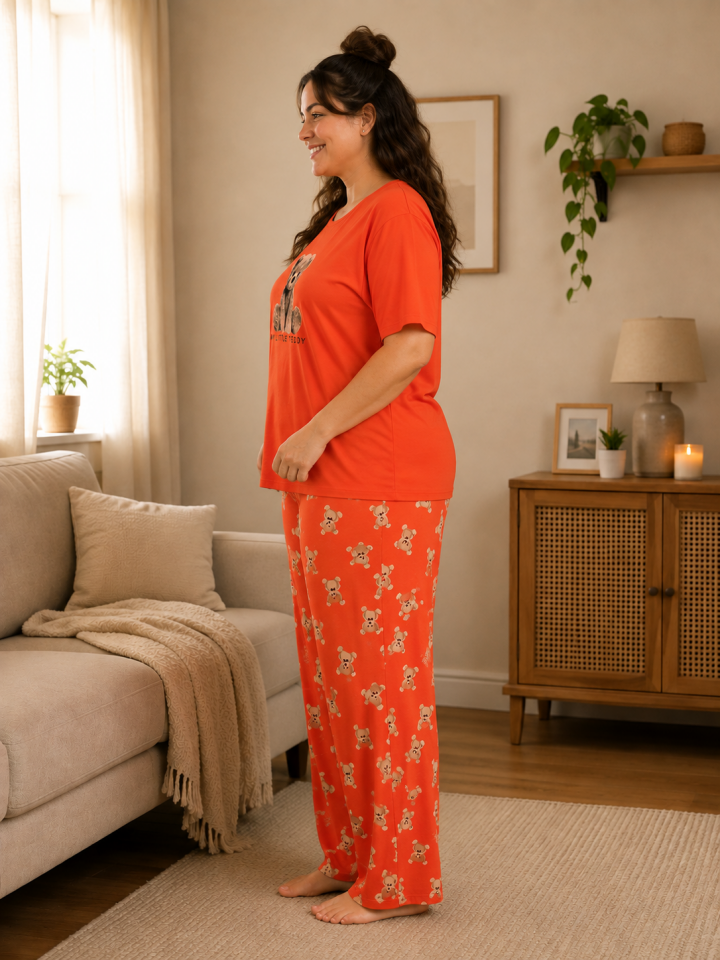 Orange Bear Penye Büyük Beden Pijama Takımı - Kısa Kollu