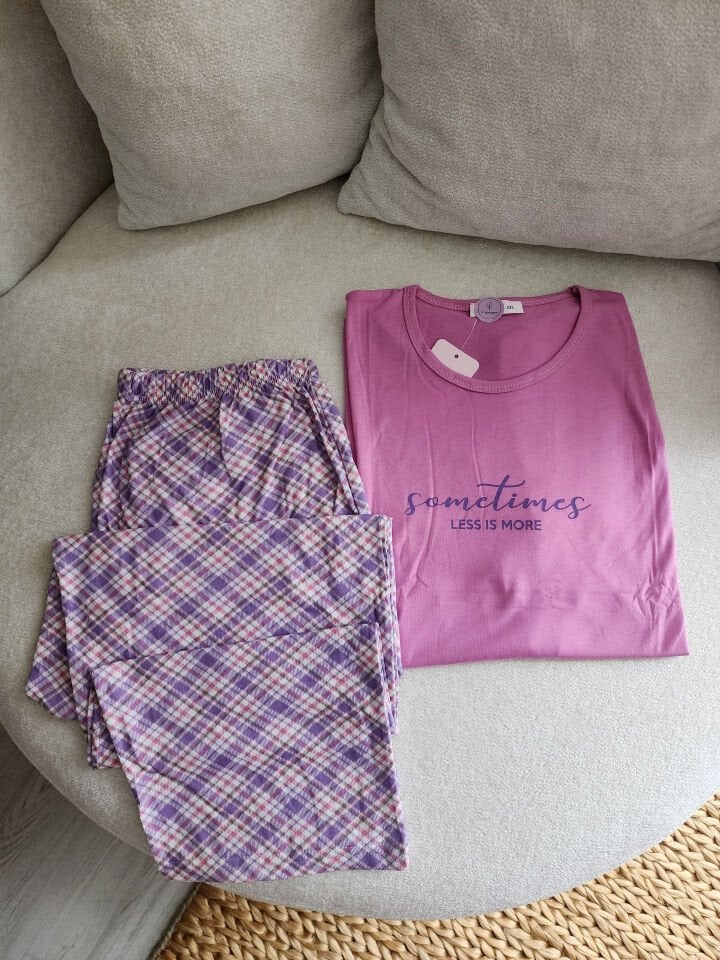 Lavender Check Penye Büyük Beden Pijama Takımı - Kısa Kollu
