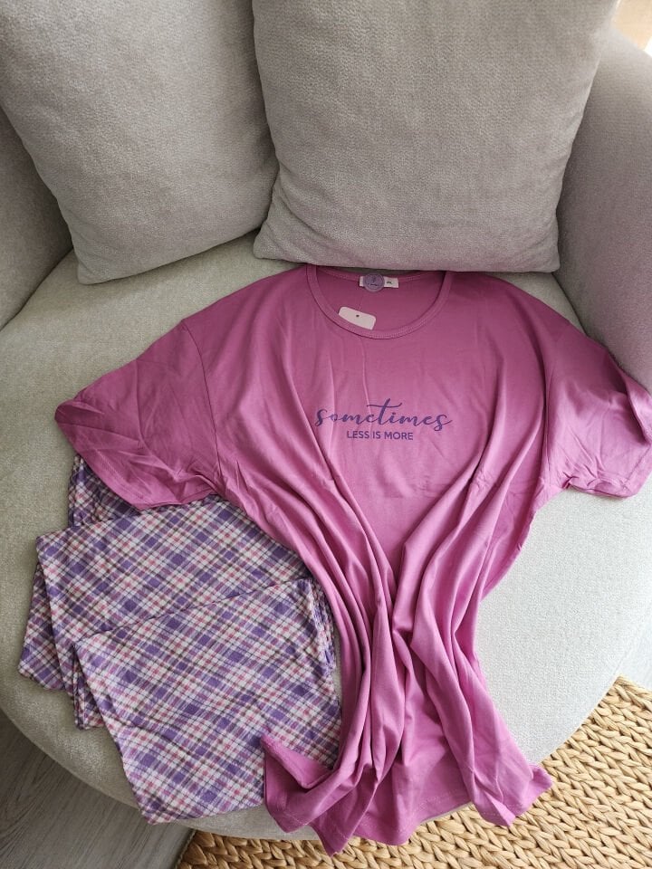 Lavender Check Penye Büyük Beden Pijama Takımı - Kısa Kollu