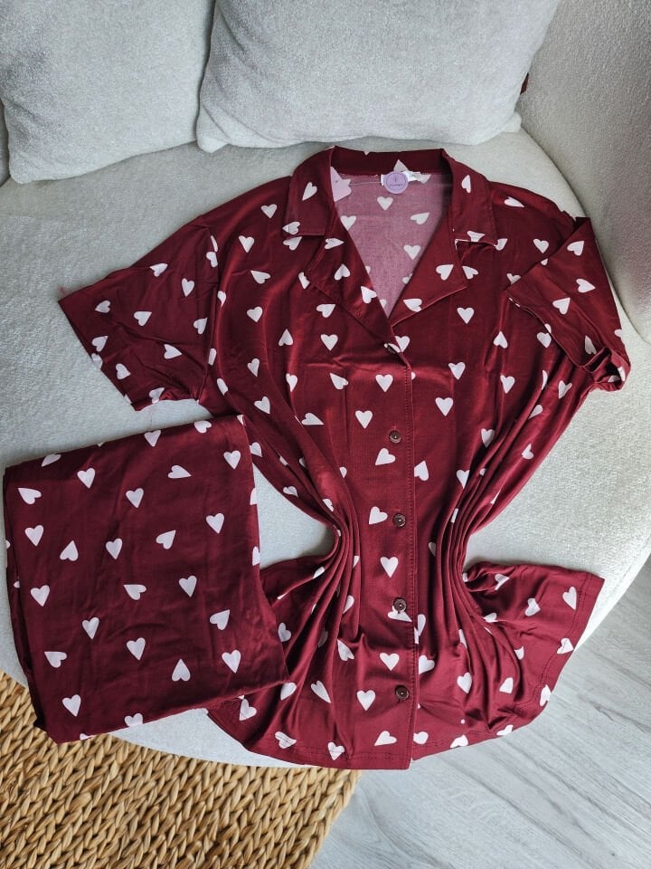 Wine Heart Büyük Beden Pijama Takımı - Kısa Kollu