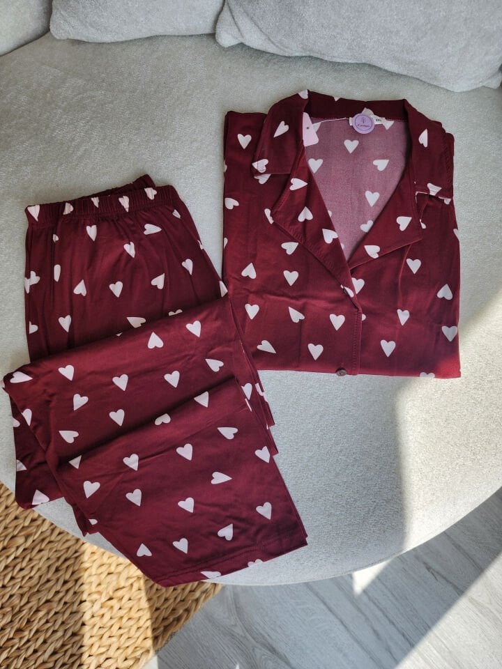 Wine Heart Büyük Beden Pijama Takımı - Kısa Kollu