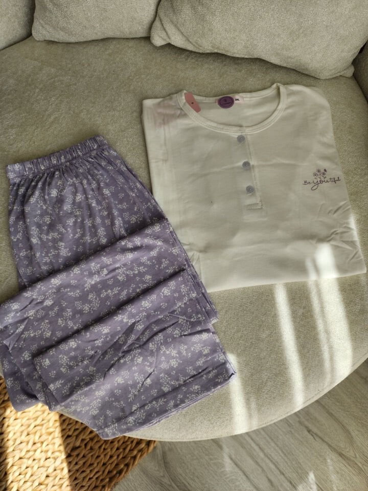 White Ditsy Penye Büyük Beden Pijama Takımı - Kısa Kollu