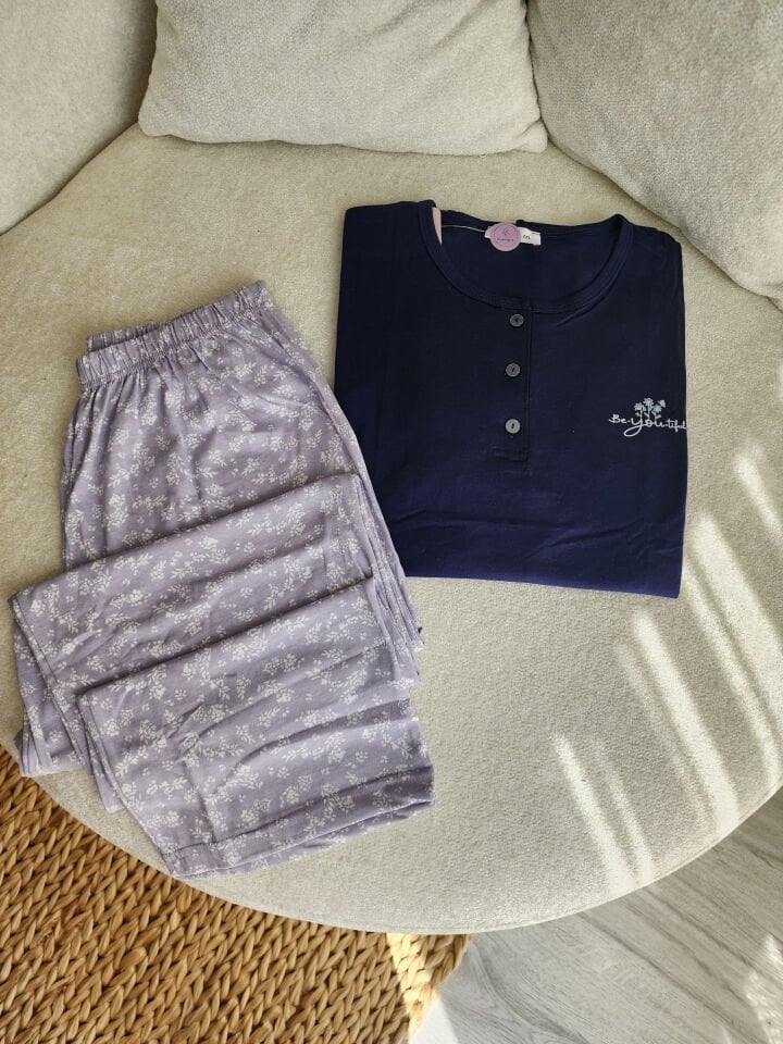 Navy Ditsy Penye Büyük Beden Pijama Takımı - Kısa Kollu