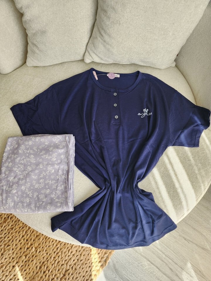 Navy Ditsy Penye Büyük Beden Pijama Takımı - Kısa Kollu