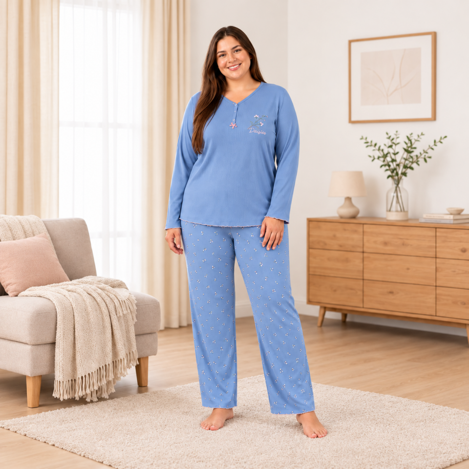 Blue Daisy Cares Büyük Beden Pijama Takımı – Uzun Kollu