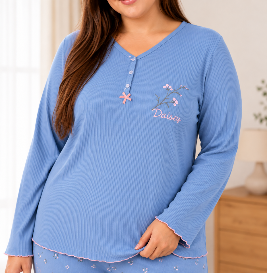 Blue Daisy Cares Büyük Beden Pijama Takımı – Uzun Kollu