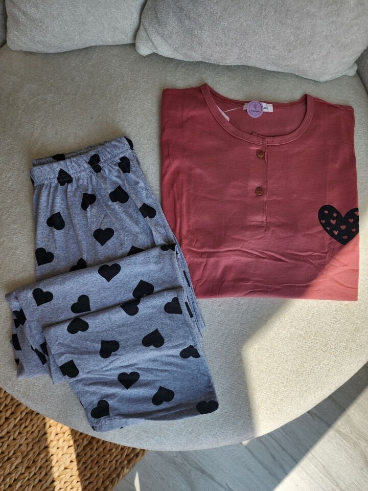 Coral Heart Penye Büyük Beden Pijama Takımı - Kısa Kollu
