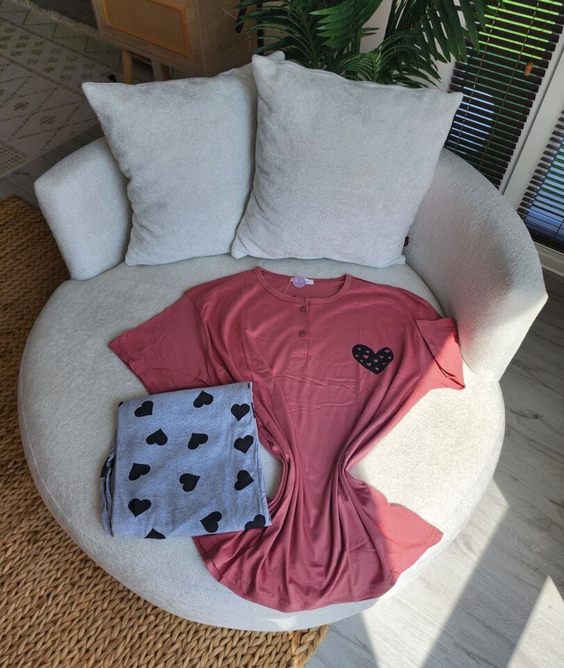 Coral Heart Penye Büyük Beden Pijama Takımı - Kısa Kollu