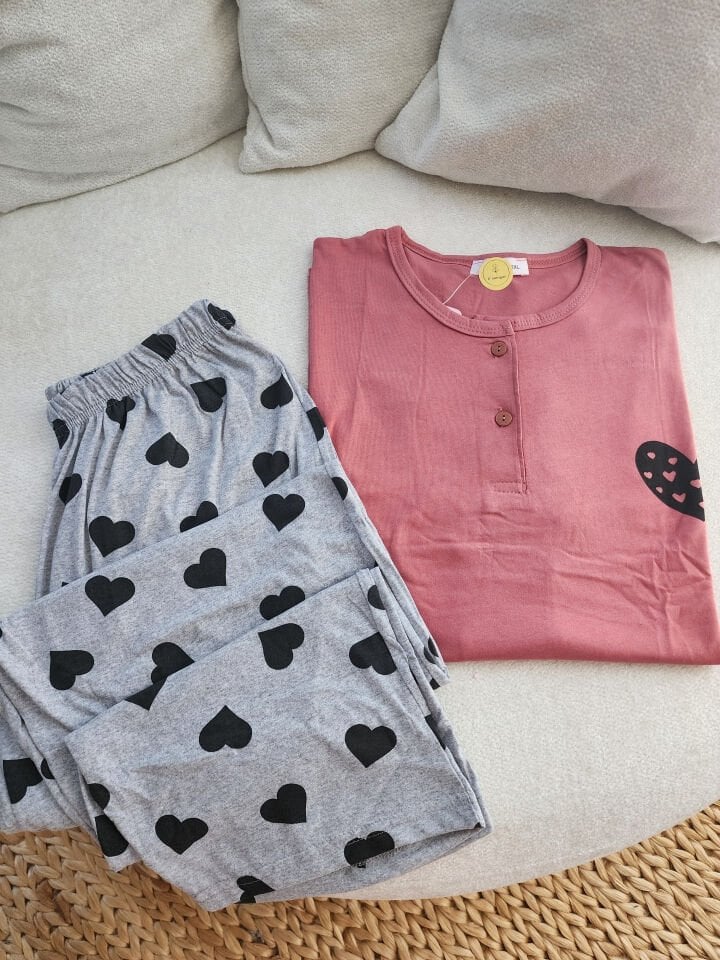 Coral Heart Penye Büyük Beden Pijama Takımı - Kısa Kollu