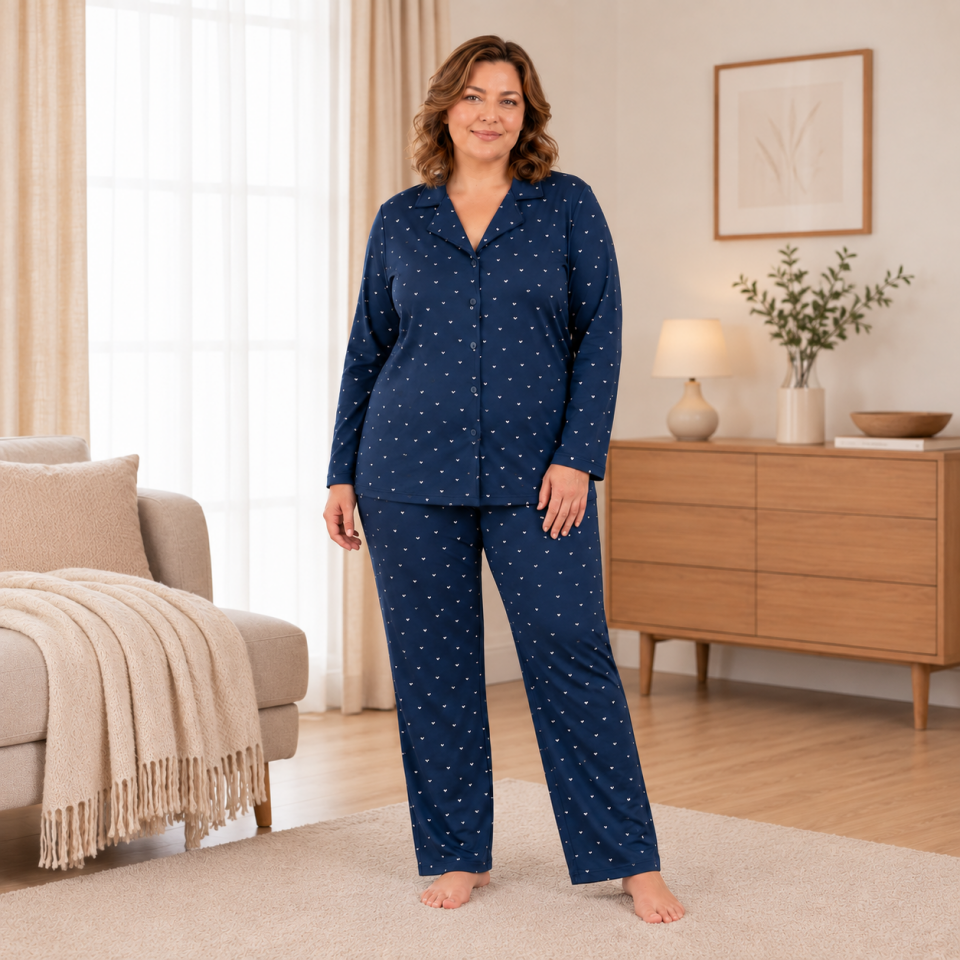 Navy Sweet Heart Milan Soft Büyük Beden Pijama Takımı - Uzun Kollu